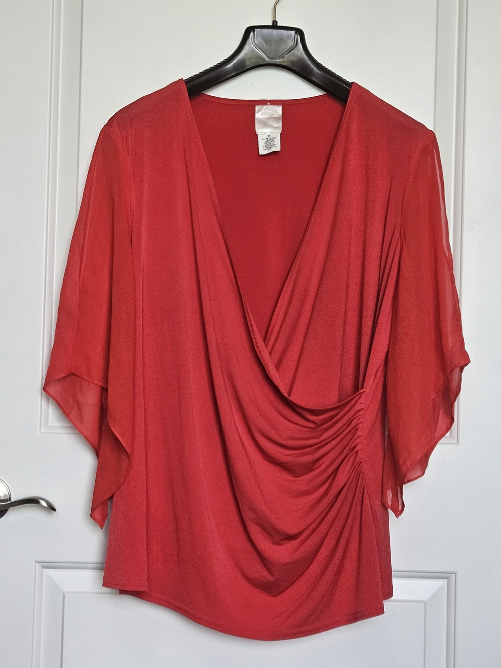 Vintage Women's Plus Size 2X Red Draped Surplice Top with Flutter Sleeves